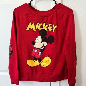 Thrifted Disney Mickey Mouse red long sleeve sweater with patchwork elbows❤️.